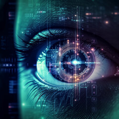 Obraz premium A woman's eye is shown in a striking blue color against a black background, symbolizing the integration of AI technology and human vision.