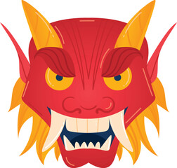 Fierce red dragon face illustration colorful wings glaring yellow eyes large fangs menacing teeth isolated white background. Mask mythical creature bright horns fiery background vibrant graphic