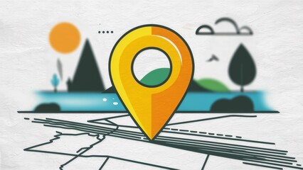 Fototapeta premium A drawing of a map marker with trees and mountains, AI