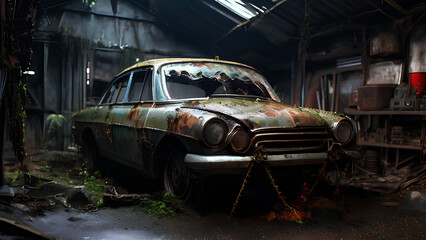 Rusted Rocket - AI operated ancient sports car as a Racer's Dream got rusted, fully covered with dust and spider webs