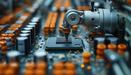 A robotic arm is precisely installing a chip on a circuit board among orange components