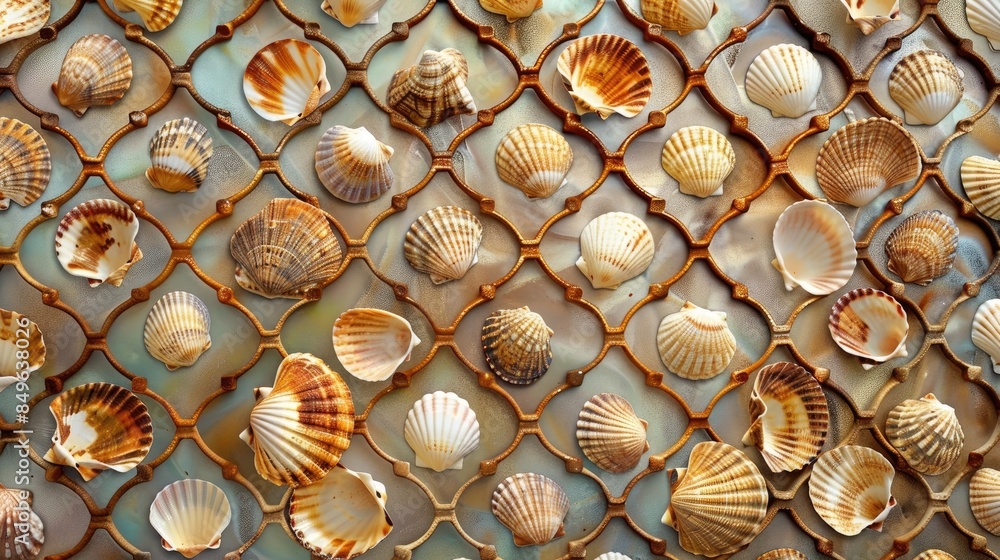 Poster an intricate lattice forms the backdrop for a scattering of seashells in a seamless pattern