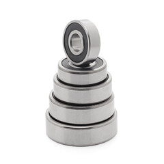 A set of various Tapered roller bearings, isolated on a white background.