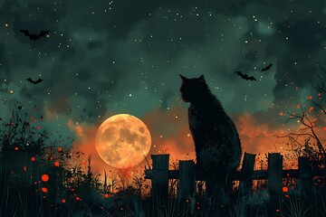 A black cat sits on a fence against a backdrop of a large orange moon and a starry night sky. Bats fly in the distance, adding to the Halloween atmosphere.