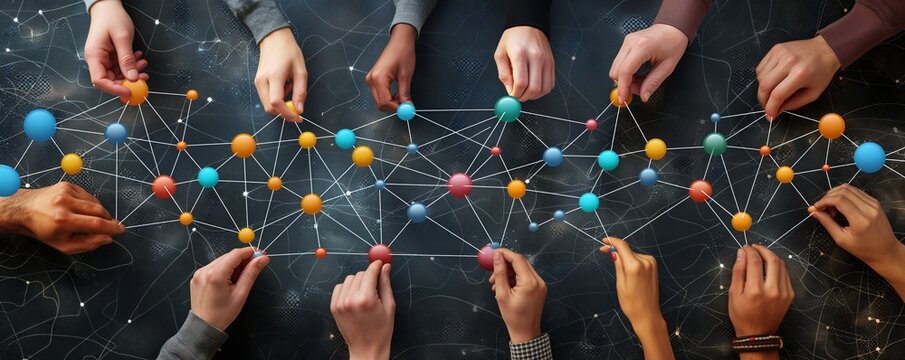 Several hands connecting abstract colorful nodes symbolizing networking and teamwork over a dark background