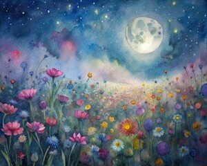 Obraz premium Incredibly bright and colorful night landscape: a field of flowers under the moon in the style of modern impressionism. 