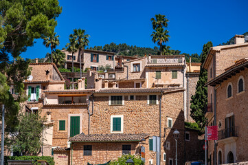 Cityscape of Fornalutx, Majorca, old buildings on a hill, Mallorca