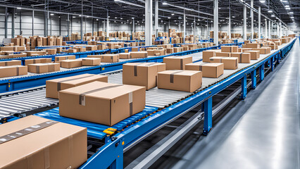 Conveyor Belt in Warehouse with Cardboard Box Packages for E-Commerce Delivery
