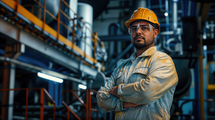 A confident industrial worker wearing a hard hat and safety glasses, standing with crossed arms in a factory.