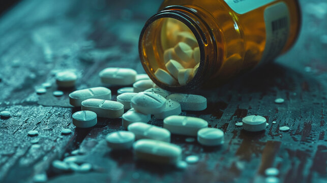 perscription fentanyl pills in plastic pill containers, drug use and abuse concept