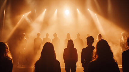 Acapella group singing on a dimly lit stage, spotlight focused on the lead singer, right third copy space