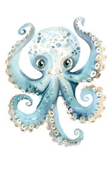 a watercolour illustration of a cute happy baby octopus
