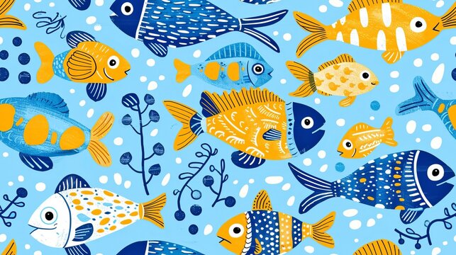 Colorful fish pattern with blue and yellow fish on a light blue background. Perfect for children's designs and creative works. Fun and playful style. Ideal for fabric prints and wallpaper. AI