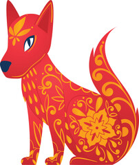Decorative redandyellow fox illustration featuring intricate floral patterns. Cartoonish style, fox sitting isolated white background. Bright colors, ornamental design suitable artwork, tattoos