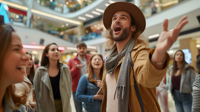 Group in mid-song during a flash mob in a mall, surprised onlookers, bottom third copy space