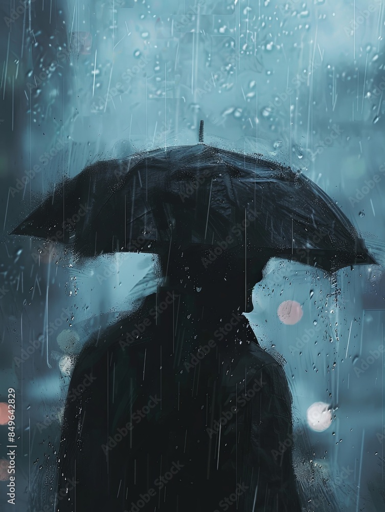 Aufkleber a person stands alone in the rain, their head down and shoulders hunched as they hold an umbrella. t