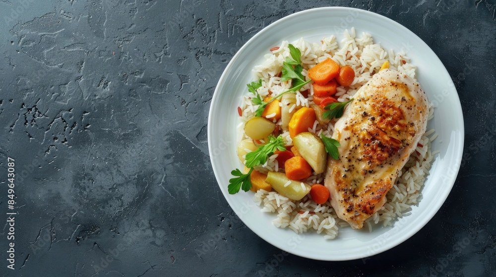 Poster chicken breast with rice and vegetables on a white plate against dark grey slate background