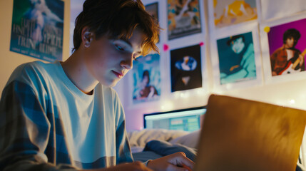 Teenager composing music on a laptop in his bedroom surrounded by posters of famous musicians inspiring creativity and ambition.