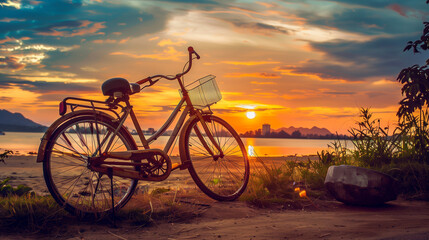 Obraz premium A parked bicycle with a beautiful sunset in the background