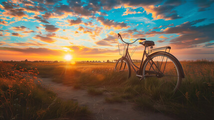 Fototapeta premium A parked bicycle with a beautiful sunset in the background