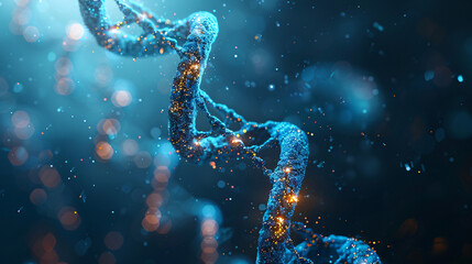 Glowing DNA Helix with Intricate Details and Bright Particles Against a Dark Background Showcasing the Complexity of Genetic Structures