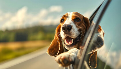 Charming dog Basset hound look out open car window. Funny dog blows by wind from open car window during trip. Curious puppy is watching happening outside car while driving on road. Concept traveling