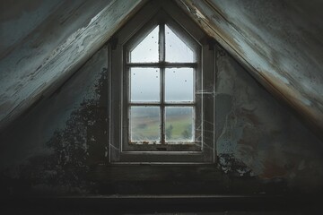 a photo of V-shaped attic, closing on a window, giving depth. Behind, outside the window, bad weather