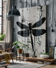 Stylish modern interior with a very large painting of a dragonfly