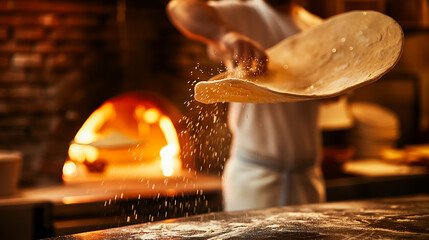 A pizza maker tossing raw pizza dough in the air inside an Italian pizzeria kitchen with visible brick oven in the background.