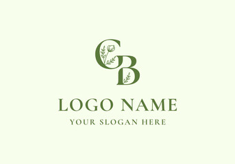 Logo letter G and B with flower branch, logo initial, lineart flower. Editable file