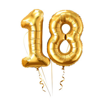 Golden balloon number of 18 on transparent or white background