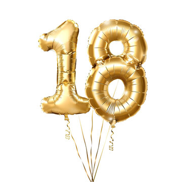 Golden balloon number of 18 on transparent or white background