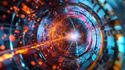 High-quality image of a particle collision inside a particle accelerator, with colorful particle trails