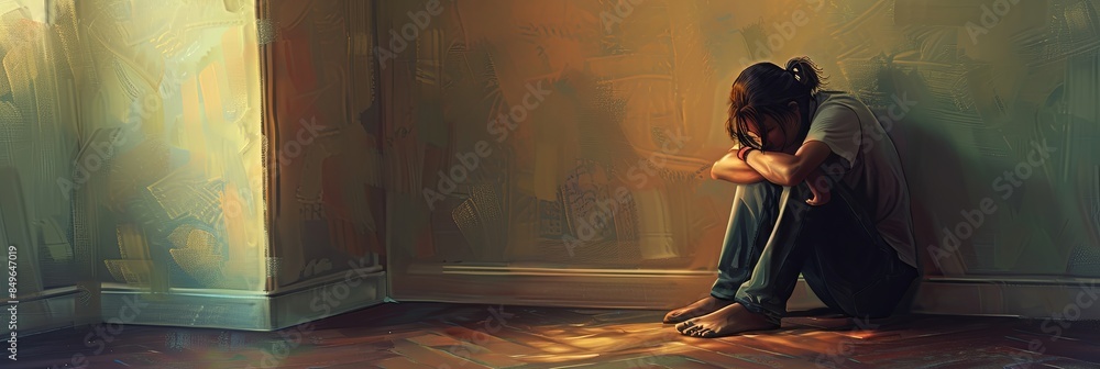 Poster a person sits alone in the corner of a dimly lit room, hugging their knees to their chest. they are 