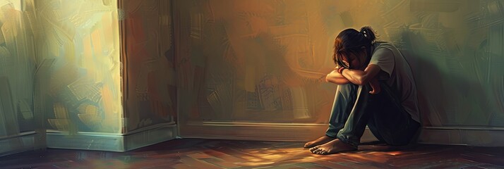 A person sits alone in the corner of a dimly lit room, hugging their knees to their chest. They are overcome with sadness and despair. Generative AI