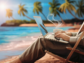 Digital illustration of a nomadic professional working on a beach, remote work, digital nomad lifestyle