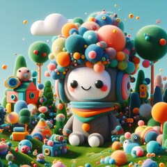 Naklejka premium Cute felt toy robot with soft balls on head on lawn
