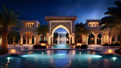 Fototapeta premium Luxury Resort, Hotel, or Palace Garden: Getaway Destination with Arcade Arcs