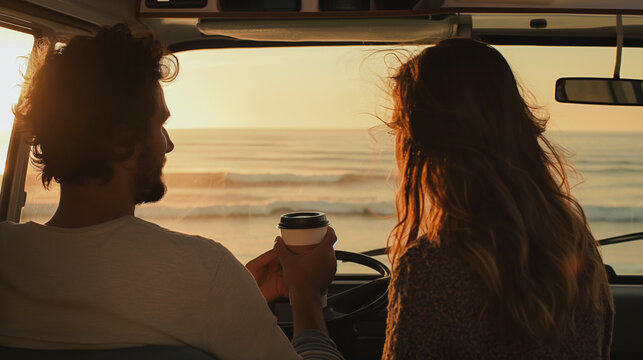 Couple sharing coffee in their vintage van conversion parked on an isolated beach watching sunrise over the ocean horizon.