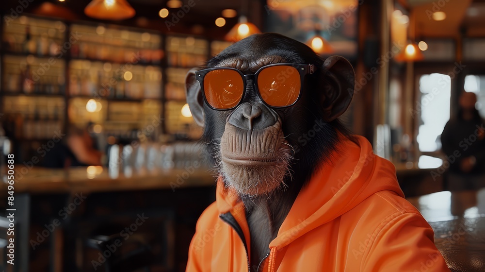 Canvas Prints A monkey wearing orange glasses and an orange hoodie, AI