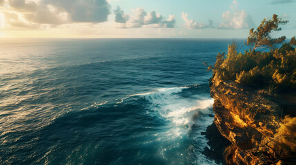 A cliffside meditation spot overlooking the ocean with waves crashing below and a vast horizon.
