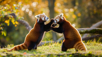 Two red pandas engaged in playful behavior on a grassy field within their sanctuary space.