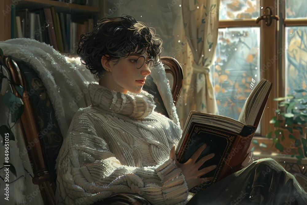 Poster a woman sits in a comfortable chair, lost in thought as she reads a book. the room is softly lit, cr