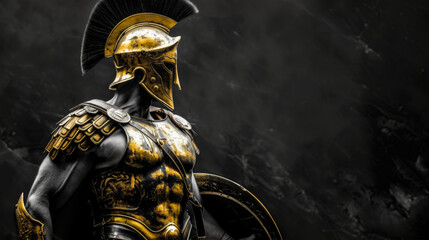black and white photo of a spartan , standing strong and proud, golden Glowing armor