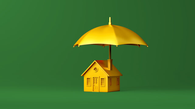 Gold house with umbrella isolated on green studio background. Coverage, insurance, safety, security concept 3d illustration render
