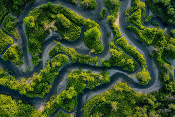 Aerial shot of winding forest paths through lush green trees in Iceland