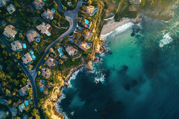 A birds eye view of houses and a cliffside coastline with clear blue water