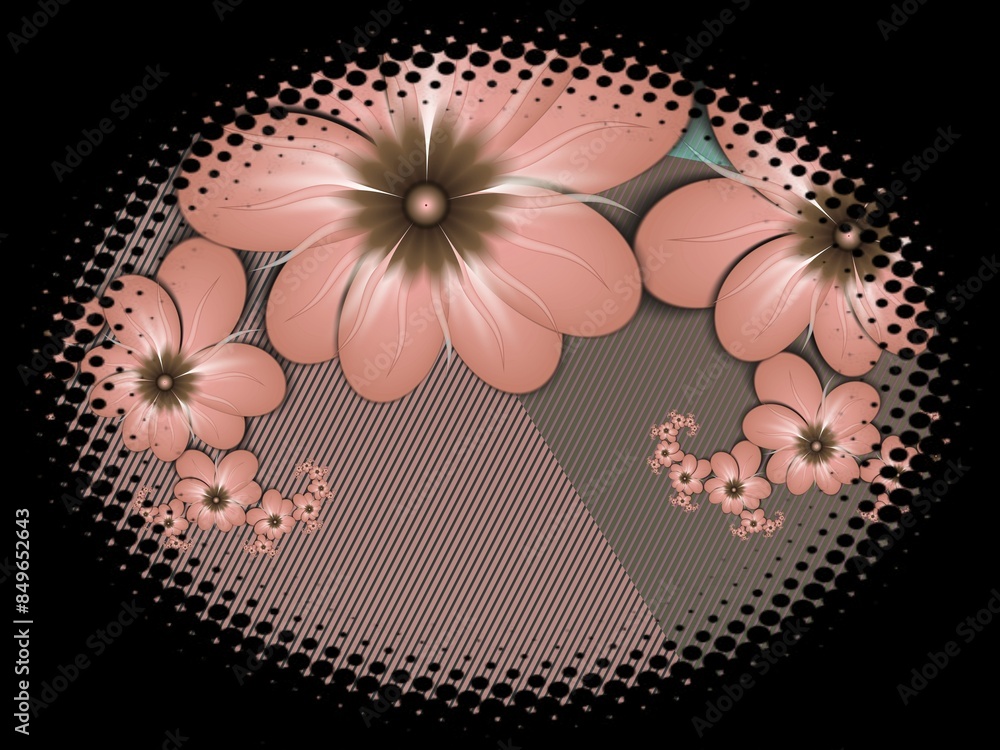 Poster fractal image in an oval frame with flowers on a dark background..template with place for inserting 