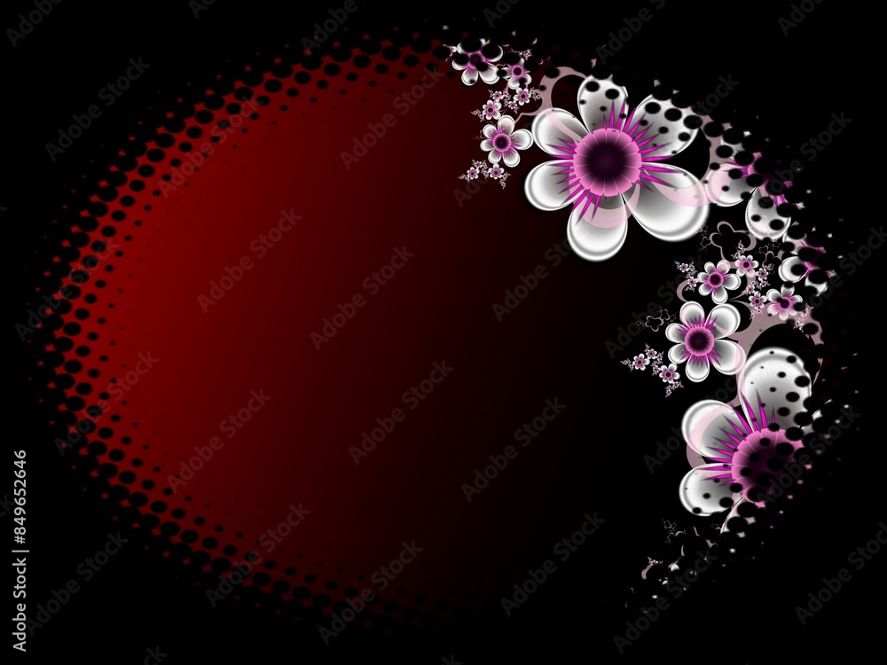 Poster fractal image in an oval frame with flowers on a dark background..template with place for inserting 