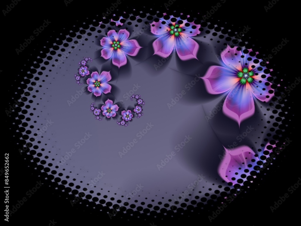 Poster fractal image in an oval frame with flowers on a dark background..template with place for inserting 